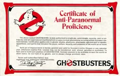 an old ghostbuster certificate is displayed on a white paper with red border around it