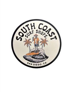 the south coast surf shop logo is shown in white and black, with palm trees