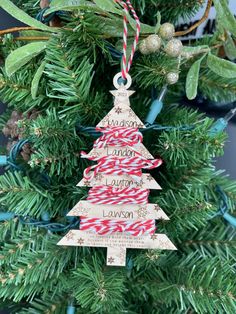 a wooden christmas tree ornament hanging from a christmas tree