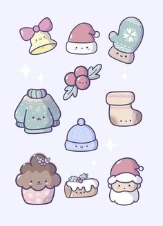 some cute little hats and sweaters on a white background