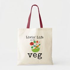 Livin Life on The Veg Vegan Vegetarian Humor Tote Bag Color: Natural and Red. Gender: unisex. Age Group: adult. Everyday Organic Tote Bag, Organic Everyday Tote Bag, Organic White Rectangular Bags, White Organic Rectangular Bags, White Rectangular Organic Bag, Everyday Organic Rectangular Bag, Organic White Bags For Everyday Use, Organic Tote Bag For Daily Use, Organic Tote Bag For Everyday