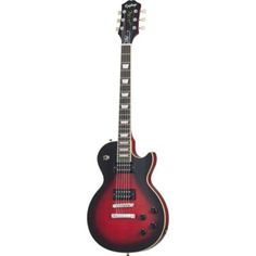 a red and black guitar is on display in front of a white background with the words,