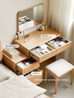 a bedroom with a bed, desk and mirror on it's side table is labeled