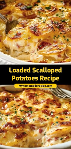 two images of loaded scalloped potatoes in a casserole dish