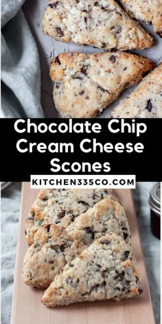 chocolate chip cream cheese scones on a cutting board with text overlay that reads, chocolate chip cream cheese scones