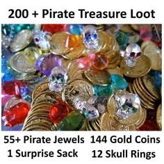 a pile of pirate jewels and gold coins with text reading 200 + pirate treasure lot