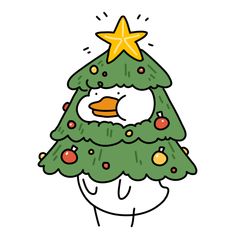 a cartoon christmas tree with a star on it's top and an ornament in the shape of a penguin