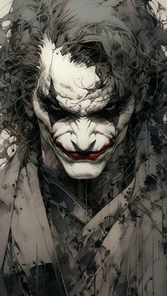 the joker is depicted in this black and white painting