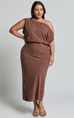 Jacqueline Midi Dress - Linen Look One Shoulder Dress in Chocolate Linen Dress Outfit, Linen Midi Dress, Dress Linen, Sleeveless Midi Dress, Halloween 2018, Asymmetrical Design, Brown Dress, Midi Dress Sleeveless, Linen Dresses