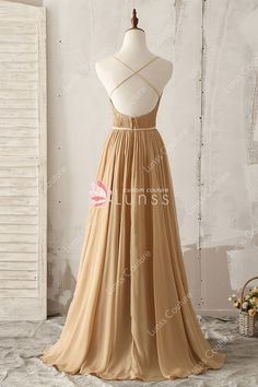 Camel Chiffon V Neck Slits A-line Bridesmaid Dress - Lunss Wedding Dresses Pretty, Military Ball Dress, Pretty Bridesmaid Dresses, Draping Fashion, Elegant Bridesmaid Dresses, Military Ball, Long Bridesmaid Dress, Gowns Online, Dress Silhouette