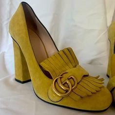 Gucci Size 39 Marmont Yellow/Mustard Suede Pumps. Double G Logo. Stunning And Chic Double G Logo, Shoes Gucci, Gucci Marmont, G Logo, Fancy Shoes, Yellow Mustard, Suede Pumps, Gucci Shoes, Shoes Women Heels