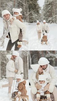 a man and woman are walking in the snow with their baby on a sled