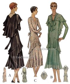 1930 Dresses D30-6050 – EvaDress Patterns 1930 Dress, 1930's Dresses, Basic Dress Pattern, 1930 Fashion, Dress Cape, Cape Pattern, Deco Dress, 1930s Dress, Edwardian Dress