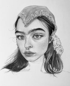 a pencil drawing of a woman's face wearing a head piece with lace on it