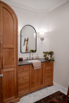 Primary Bath - Barrel Arch - Single Vanity - Wood Cabinetry - Modern Organic Bathroom - FHL Design Studios - Marble Floors - Sconce Lights - Natural Bathroom Design Modern Organic Bathroom, Organic Bathroom, Modern Organic Home, Marble Floors, Organic Home, Primary Bath, Transitional Bathroom