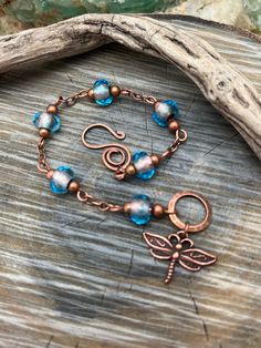 "Blue Czech Glass Bracelet  Copper, Free Domestic Shipping/ Birthday/ Anniversary/ Gift 🌿Artisan Jewelry  Fits wrist up to 6 3/4\" Can be made adjustable upon request 🌿 ~ only top quality materials are used with skill in my original creations ~ satisfaction guaranteed ~ matching earrings and necklace available and sold separately 💗 Thanks for shopping, your business is valued and appreciated." Artisan Bracelets, Dragonfly Charm, Copper Style, Earrings And Necklace, Glass Bracelet, Copper Chain, Pretty Jewellery, Czech Glass Beads, Antique Copper