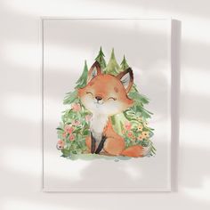 a watercolor painting of a little fox sitting in the grass surrounded by flowers and trees