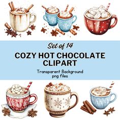 set of 4 cozy hot chocolate clipart for digital scrapbooking and other projects