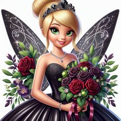 a cartoon fairy holding a bouquet of roses