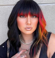 Red orange hair Hair Color For Brunettes Short, Red Orange Hair, Vivid Hair, Split Dyed Hair, Bold Hair Color, Neon Hair, Split Hair