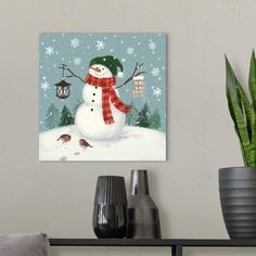 a painting of a snowman with a red scarf on it's head and two birds in the background