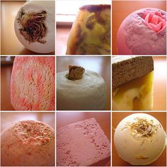 many different types of soaps are shown in this collage, including pink and yellow