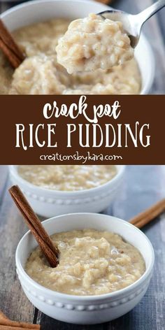 two bowls filled with rice pudding on top of a wooden table next to cinnamon sticks