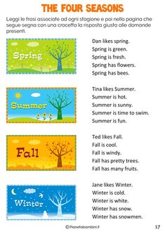 the four seasons are shown in three different colors and font, each with an image of trees