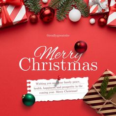 merry christmas greeting card with presents and ornaments on red background, flat layed out