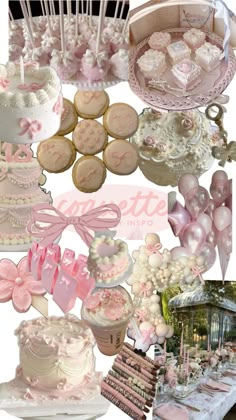 a collage of pink and white desserts, cookies, cake pops, candies