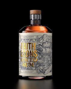 a bottle of faith & sons spiced rum sitting on a table with a black background