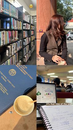 there is a woman sitting at a table in front of a book shelf and an open notebook