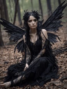 a woman with black wings sitting in the woods