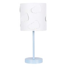 a blue table lamp with a white shade on it's base and clouds drawn on the paper