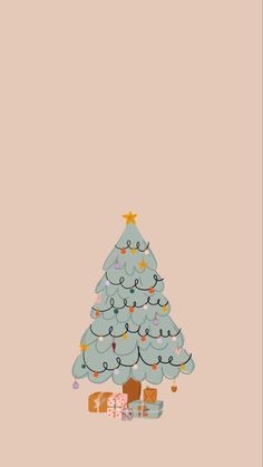 a christmas tree with presents under it on a pink background and the words happy new year written