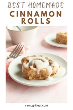 cinnamon rolls on a plate with icing drizzled over them and the words, best homemade cinnamon rolls