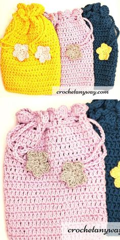 three crocheted bags are shown in different colors