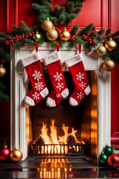 christmas stockings hanging over a fireplace with ornaments around it