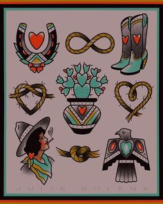 an old school tattoo design featuring boots, flowers and hearts with the word love written on them