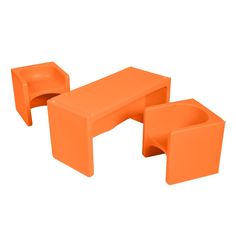 an orange bench and two stools on a white background