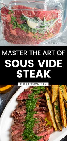 steak and french fries on a white plate with text overlay that reads master the art of sous vide steak