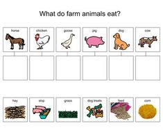 what do farm animals eat? worksheet with pictures and words to help students learn