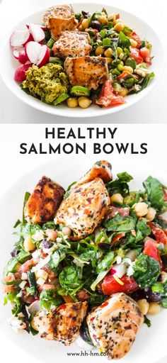 two plates filled with different types of food on top of each other and the words healthy salmon bowls above them