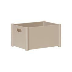 a beige plastic storage box on a white background