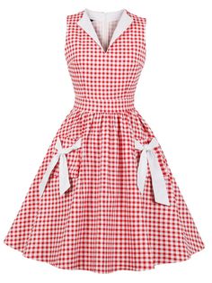 1950s Plaid Bow Pockets Lapel Dress | Retro Stage Vintage Plaid Dress For Spring, Retro Sleeveless Plaid Dress For Spring, Spring Retro Sleeveless Plaid Dress, Vintage Sleeveless Spring Plaid Dress, Sleeveless Plaid Retro Dress, Retro Knee-length Picnic Dress, Retro Knee-length Dress For Picnic, Vintage Sleeveless Plaid Summer Dress, Plaid Vintage Summer Dress