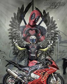 a person on a motorcycle with wings and a deadpool painted on the wall behind them