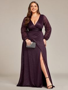 Plus Size V-Neck Shiny Puff Sleeve Evening Dress for Women #color_Dark Purple Dark Purple Prom Dress Long Sleeve, V-neck Evening Dress For Prom Season Dinner, Plus Size Special Occasion Dresses, Dresses With Long Sleeve, Green Wedding Guest Dresses, Dark Purple Bridesmaid Dresses, Koozie Ideas, Plus Size Evening Dresses, Black Wedding Guest Dresses