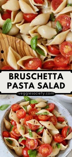 pasta with tomatoes and basil in a white bowl