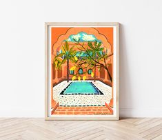 an art print of a pool surrounded by palm trees and orange hues, in front of a white wall