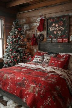 a bedroom decorated for christmas with a large bed and red comforter, stockings on the windowsill